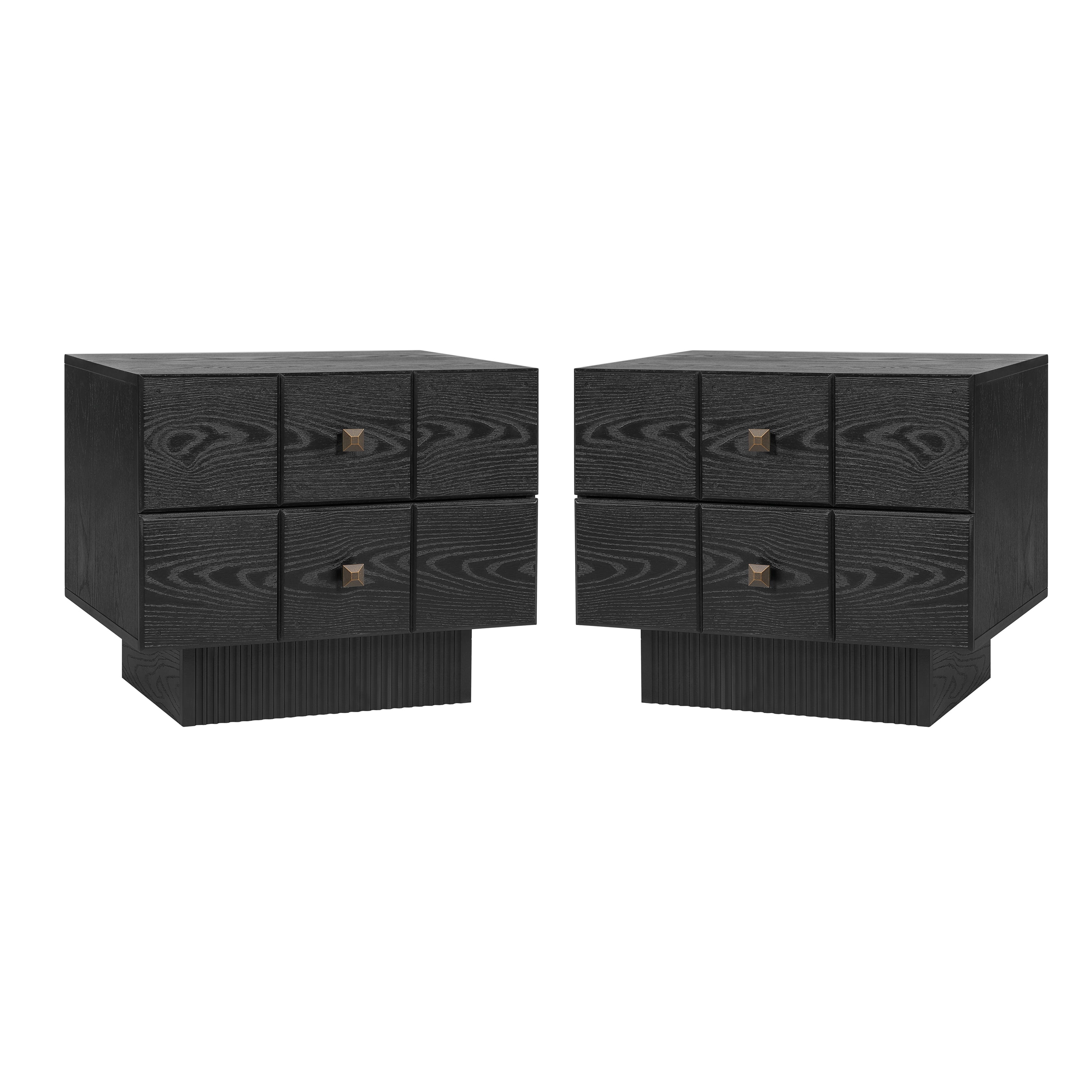 Euroco Mid-Century Nightstand with 2 Drawers, 24" Wide Bed Side Table with Fluted Pedestal,Wood Storage End Table Dresser for Bedroom,Living Room,Black
