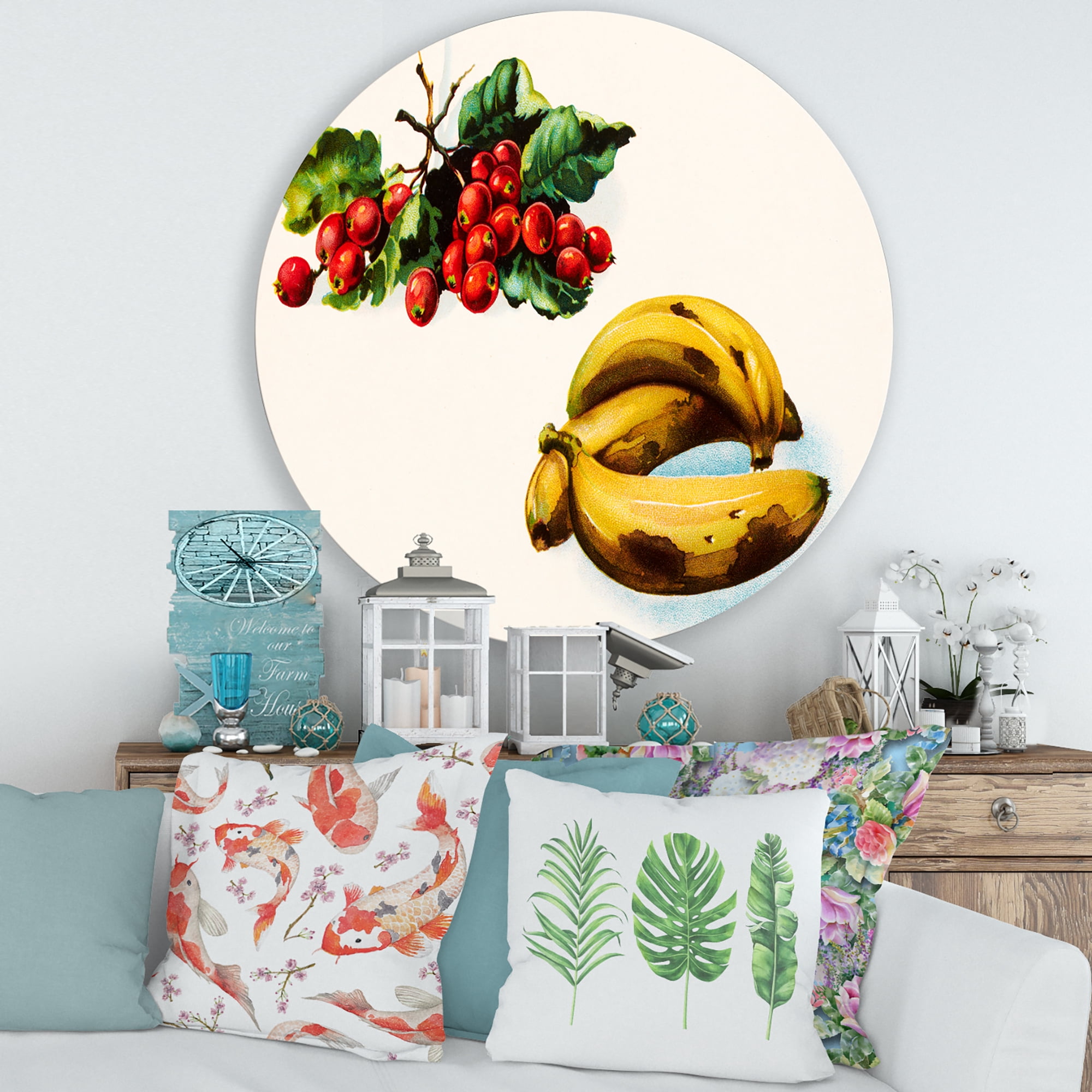 Designart 'Red Berries and Banana' Farmhouse Circle Metal Wall Art 29x29 - Disc of 29
