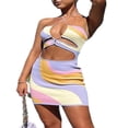 thumbnail image 2 of Women‘s Halter Dress  Patchwork Color Hollow-Out Sleeveless Backless Cross Bandage Mini Bodycon Dress, 2 of 6