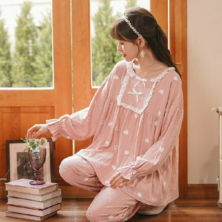 

DanceeMangoo Womens Pajamas Set Autumn Winter Kimono Elastic Waist Sleepwear Set Cotton Womens Long Sleeve Nightwear Print Top Long