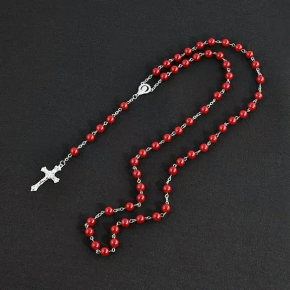 MATROOY Rosary Prayer Beads Plastic Rosaries Christian Cross Catholic Religious Necklace-red