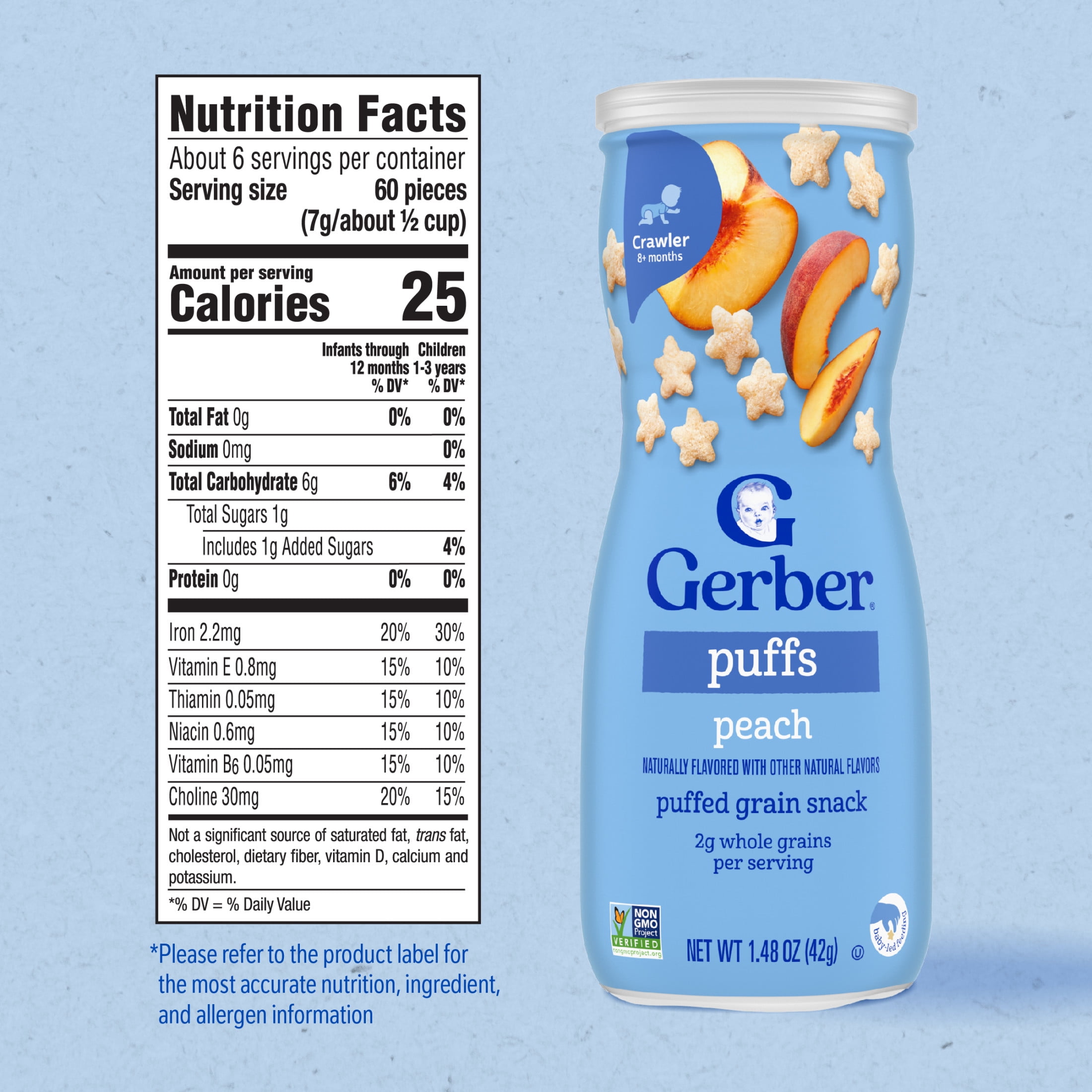 Gerber Puffs Baby Snacks, Peach, Stage 3, Puffed Grain Snack for 8+ Months, 1.48 oz Canister