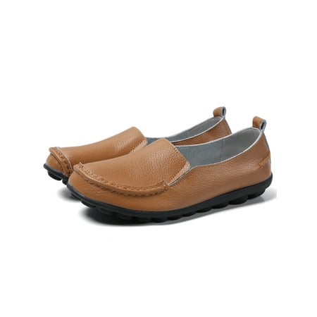 SIMANLAN Womens Flats Slip On Loafers Round Toe Leather Shoes Women Non-slip Casual Shoe Ladies Lightweight Brown 11