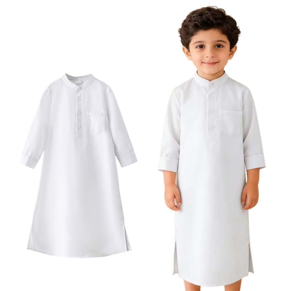 Boys Muslim Thobe Long Sleeve Button White Long Thobe Muslim Prayer Dress 6-7 Years Boy Clothes