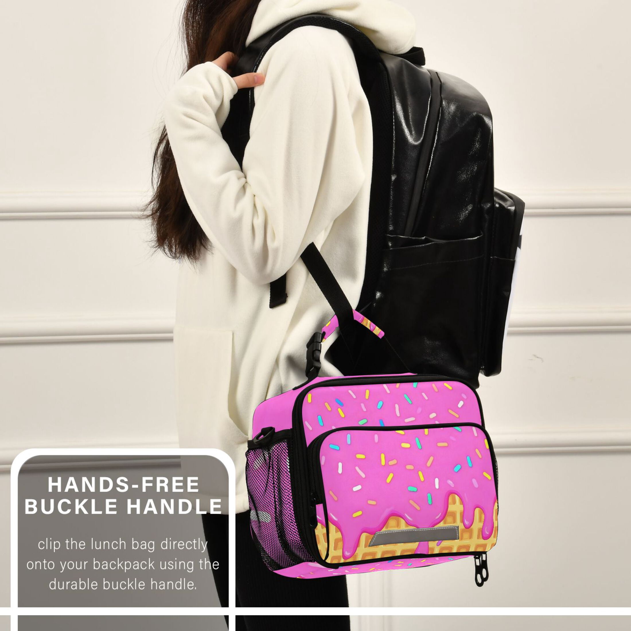 ALAZA Pink Ice Cream Lunch Box Insulated Cooler Bag Reusable Tote Bags Shoulder Strap