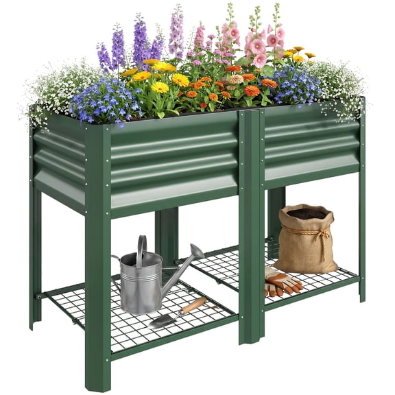 Raised Garden Bed, 31.5" High Galvanized Steel Elevated Planter Box with Storage Shelf and Liner, Green, for Outdoor Patio and Yard