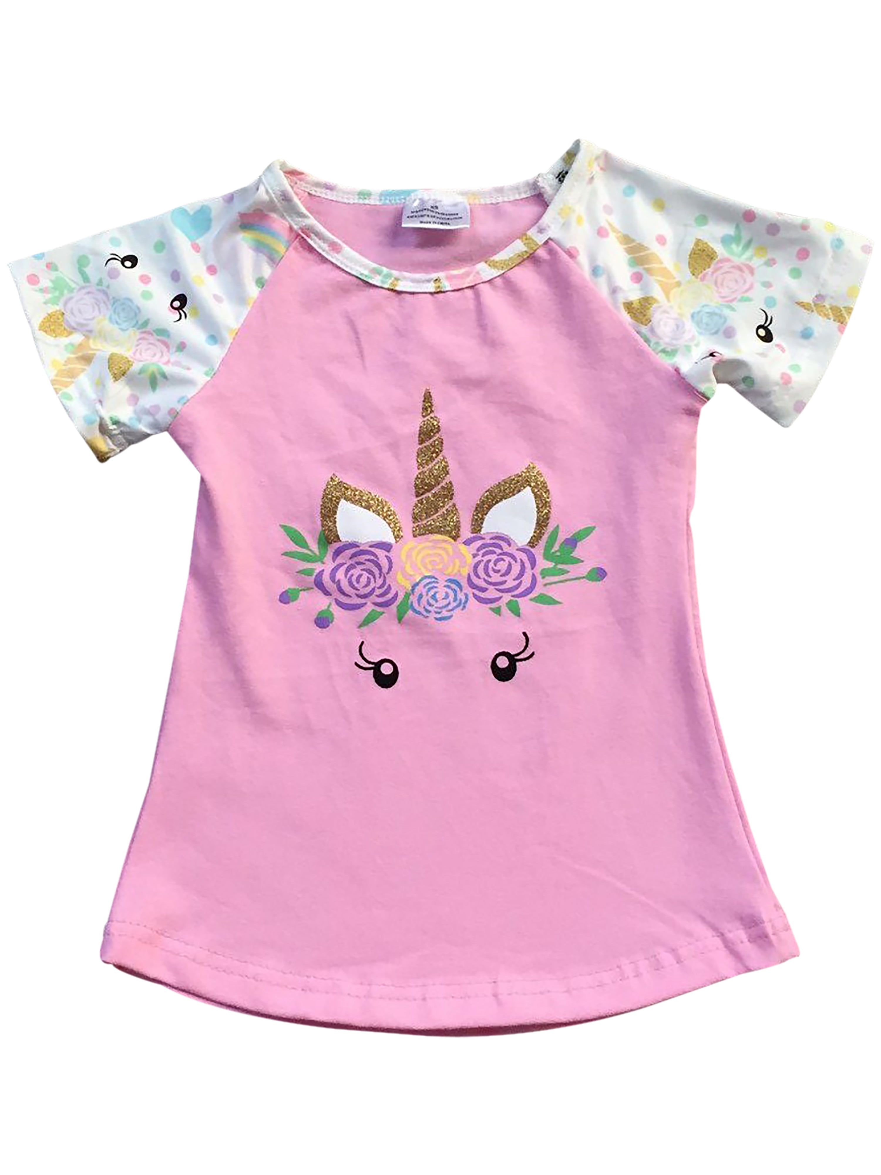 Little Girl Kids Short Sleeve Unicorn Floral Cotton Shirt Top Tee T ...