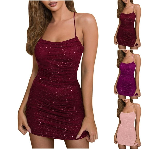 Elainilye Fashion Bodycon Dresses for Women Sexy Prom V-Neck Lace Up Sequin Tassel Open Back Short Dress Party Club Dress,Pink