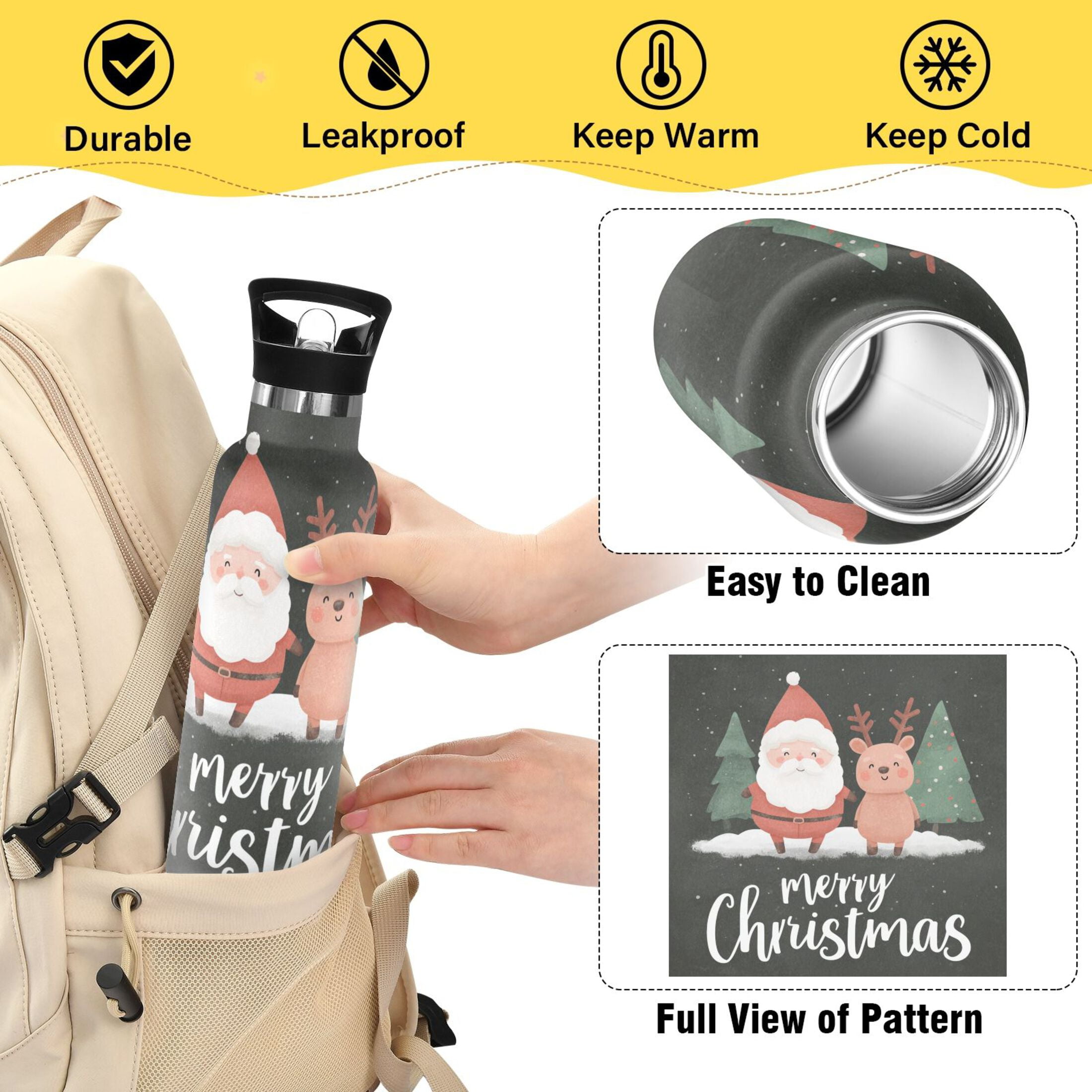 600ML Stainless Steel Insulated Cup Sports Water Bottle Portable Thermos Cup Water Glasses Insulated Tumblers Convenient and Durable Cute Santa Claus and Deer