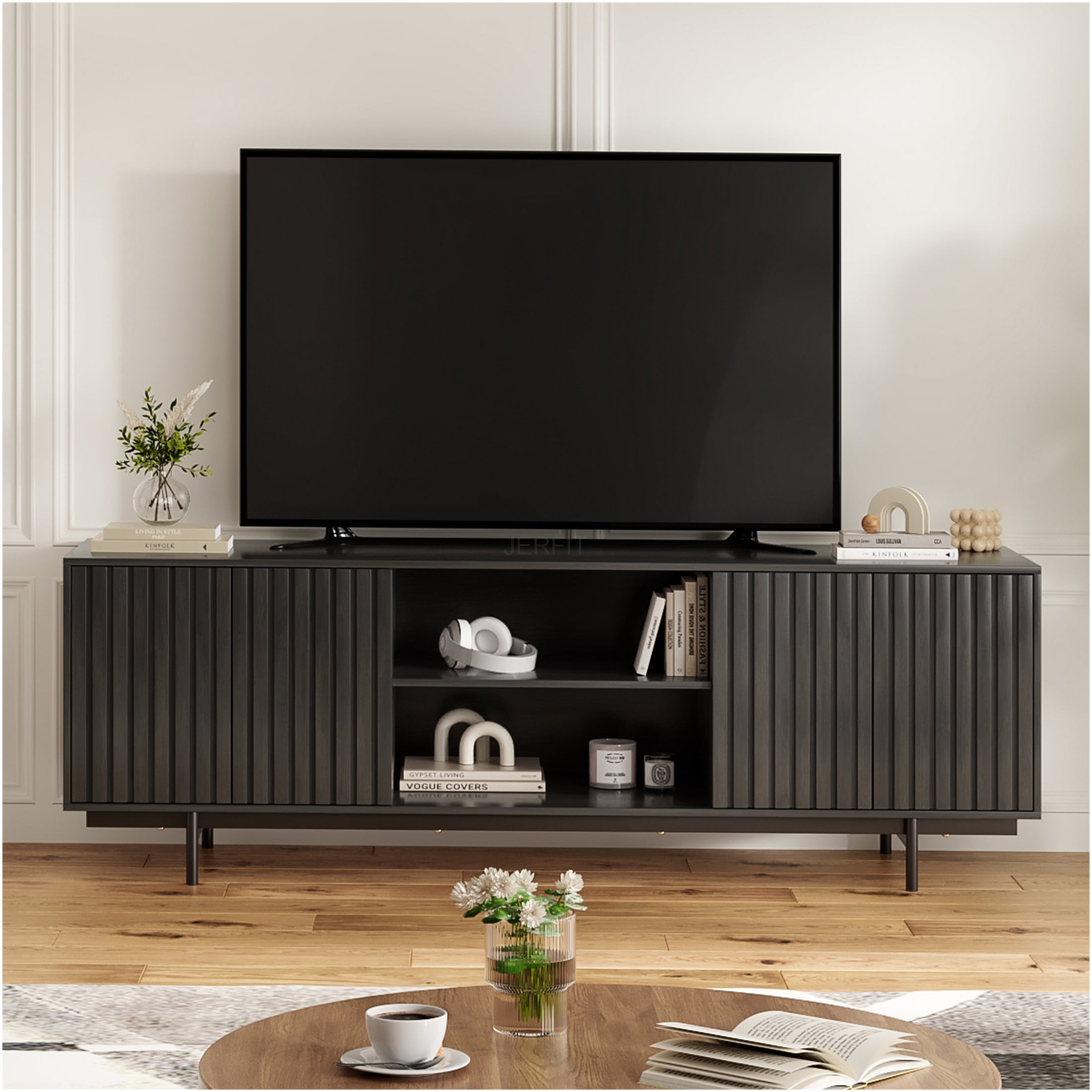 JERFIT 75 inch TV Stand with Pop-Up Doors, Mid Century Modern Entertainment Center with Storage Shelves, Farmhouse Retro Fluted Design for Living Room, Bedroom, Black