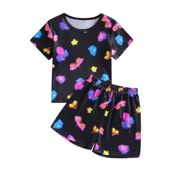 Tfken Girls Outfit Sets For Summer Print Short Sleeve Crew Neck Tops With Shorts Set Casual Homewear Children Soft Outfit Black Size 4-5 Years