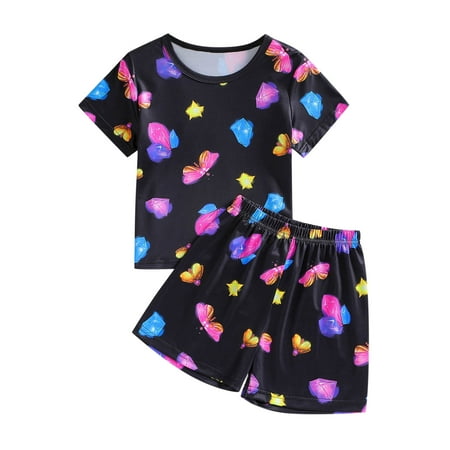 

Boys Girls Pajama Outfits Comfy Lounge Sets For Toddler Baby Kids Summer Short Sleeve Pattern Tops Shorts 2Pcs For Children Infant Nightgowns Newborn Sleepwear Pj Set Nightwear Black 6 Years-7 Years