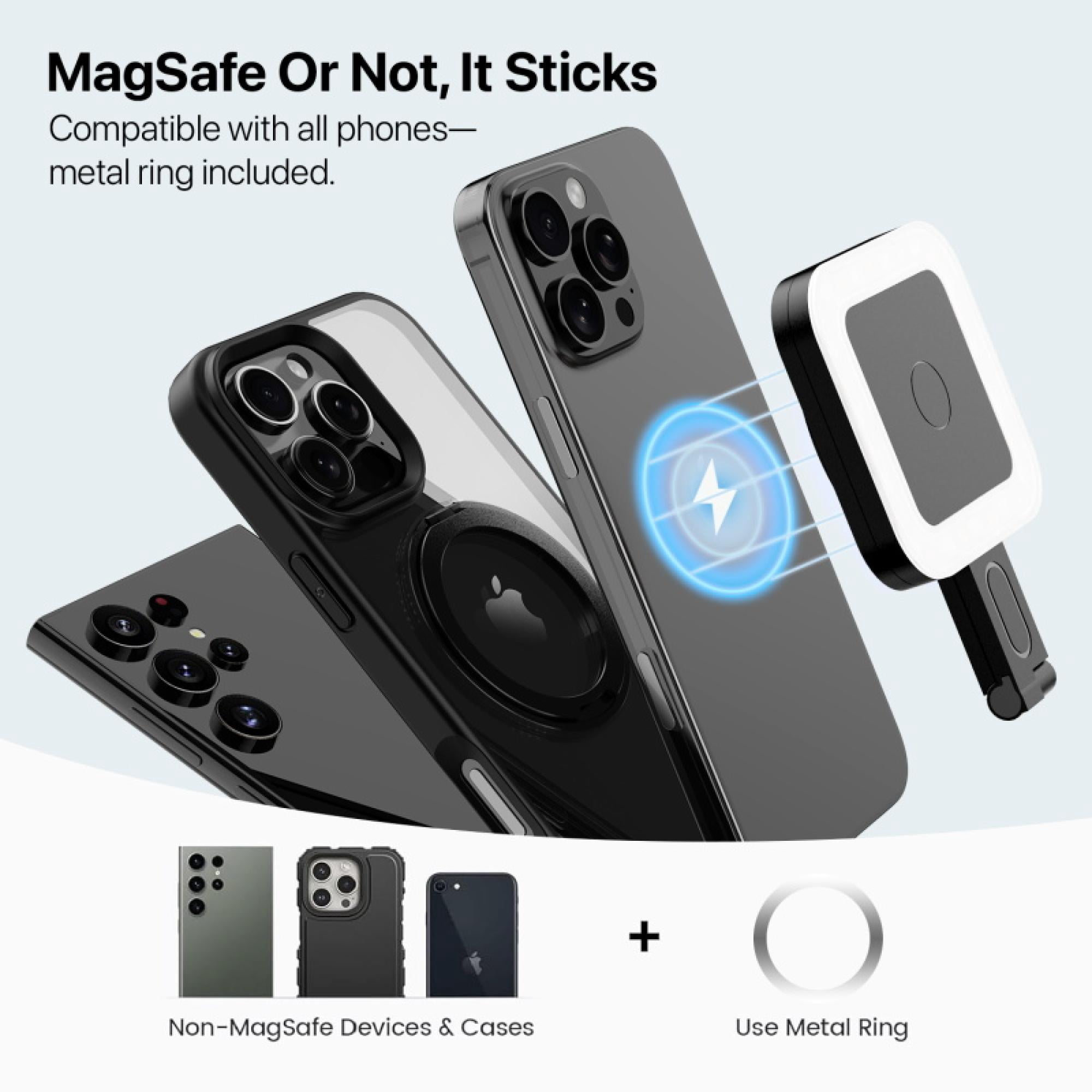 GlowOn Magnetic Selfie Ring Light – 6 Light Modes, USB-C Rechargeable – Compatible with MagSafe & Magnetic Phones – Black