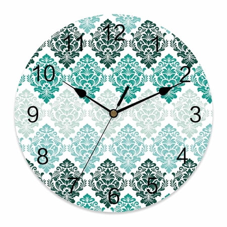 Wall Clock Floral Damask Pattern Clocks PVC Silent Non-Ticking Battery Operated Decorative Ombre Teal Green Luxury Round Clock for Home Living Room Kitchen Bedroom Office School Wall Decor 10 Inch