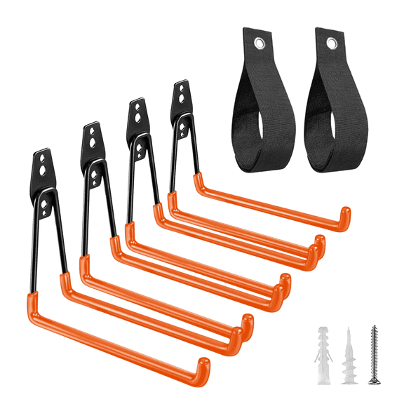 stusgo 4 Pack Garage Hooks Heavy Duty, Wall Mount Tool Organizer for Hanging Garden Tools, Ladders and Bulky Items (Orange)