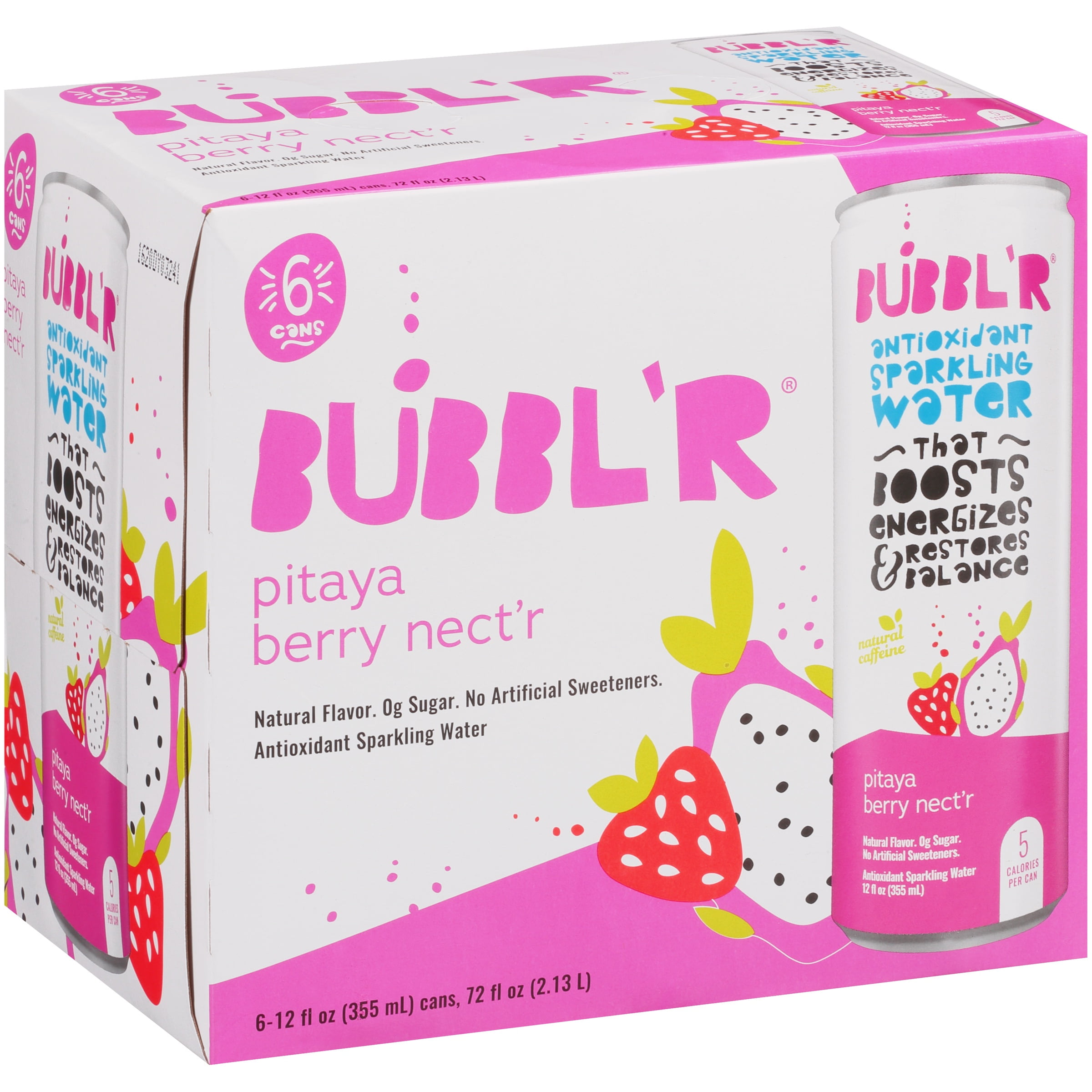 (4 pack) BUBBL'R Antioxidant Sparkling Water, Pitaya Berry Nect'r, 12 fl oz, 6 Pack Cans