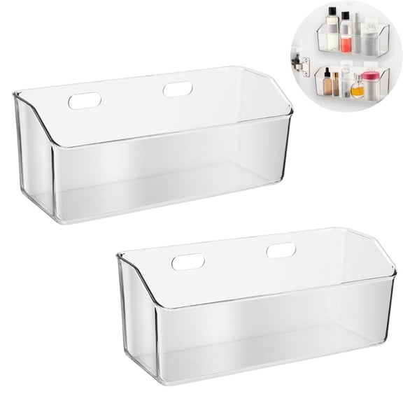 HXRH 2 Pcs Plastic Cabinet Door Organizer Wall Mounted Storage Box Clear Adhesive Caddy No Drilling Hanging Bins with Self Adhesive Tape for Home Office Kitchen Bathroom 10 × 4 inch