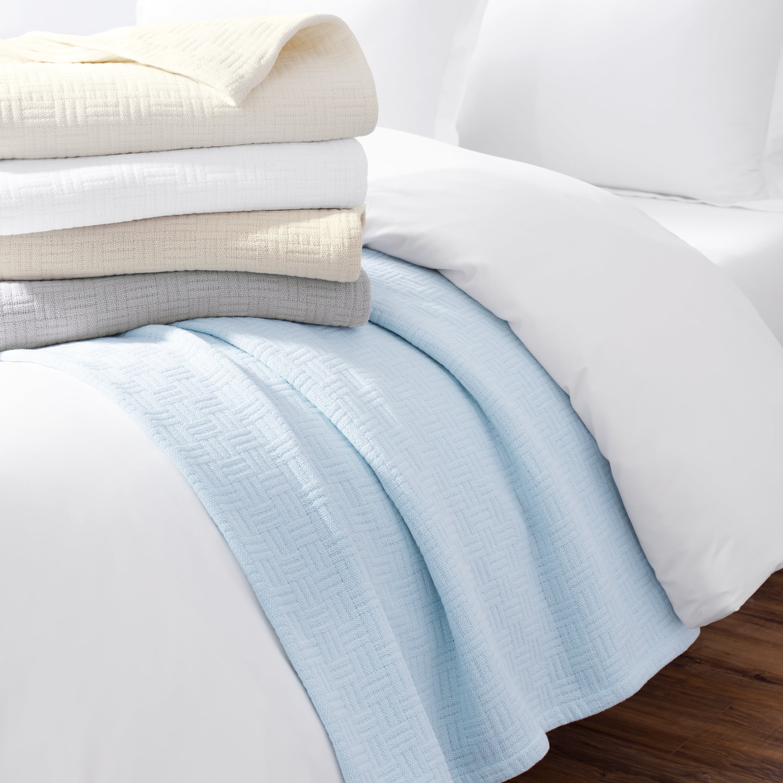 Host & Home 100% Cotton Basketweave Throw, Lightweight Blanket, 300GSM, 50x70, Light Blue
