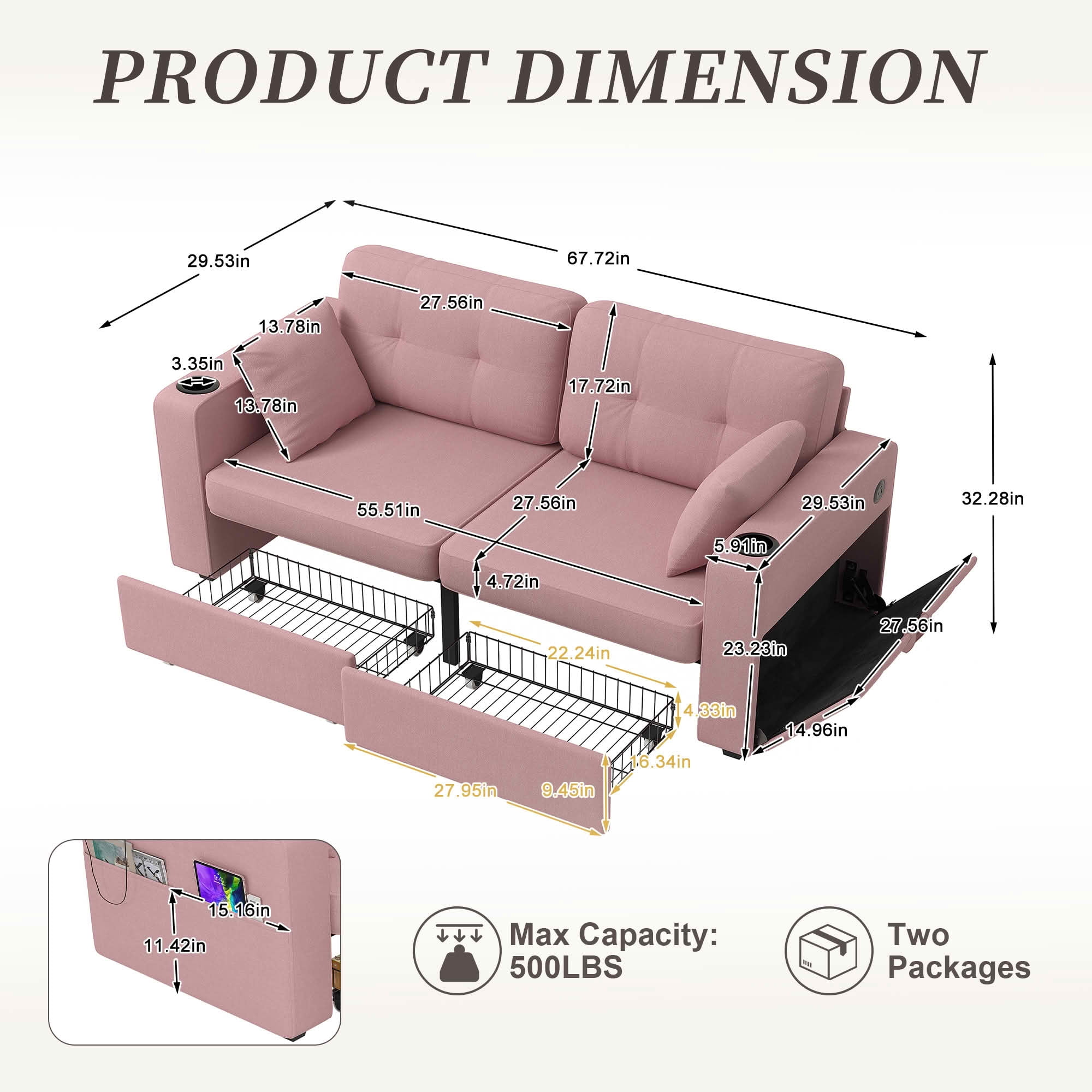 MAYEERTY Modern 3-Seat Chenille Sofa, Wood Frame Sectional Couch with USB Charging, Cup Holder & Storage Function for Home Small Space Living Room