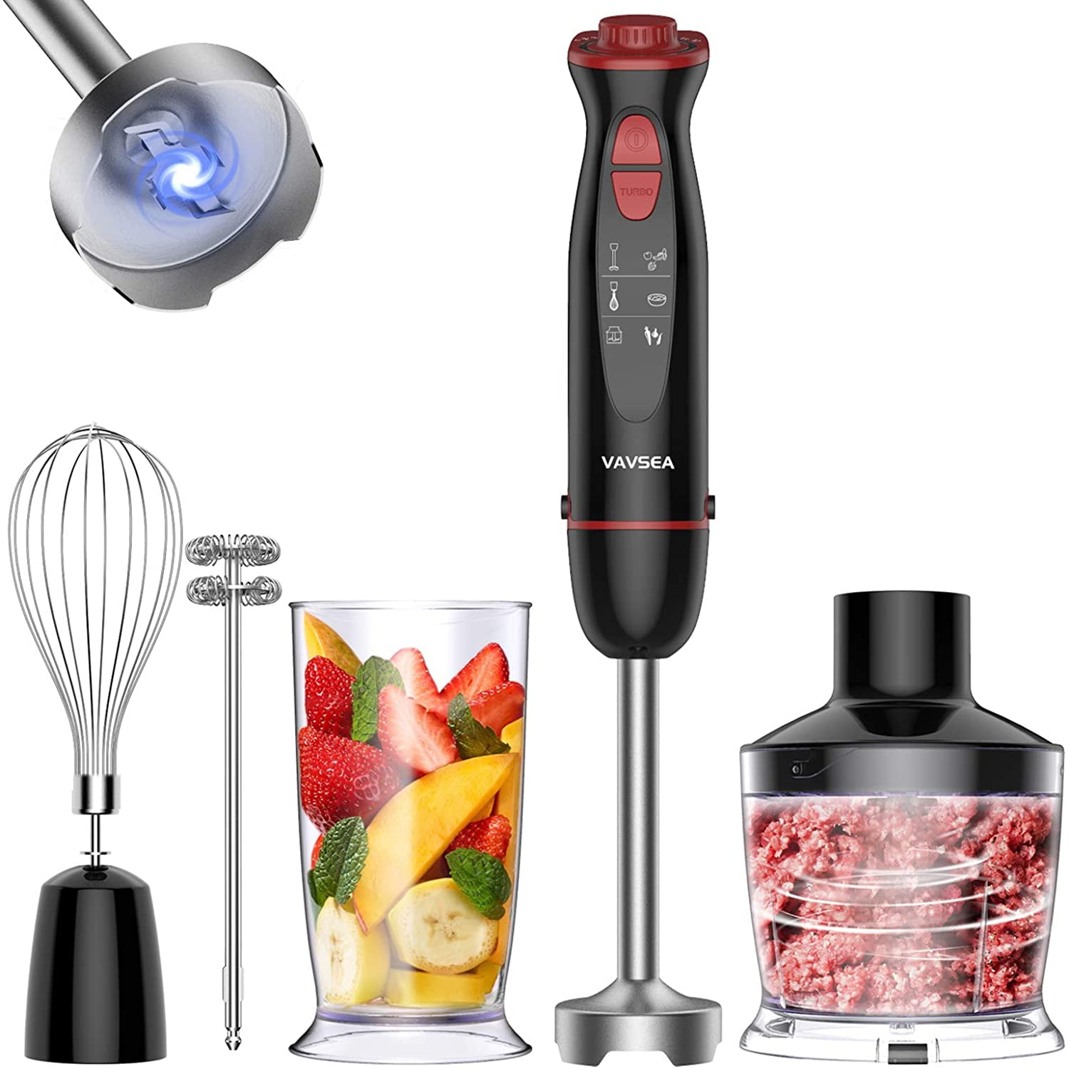 Milk Frother BPA-Free VAVSEA 1000W 5-in-1 Multi-Function Immersion Hand Blender 12-Speed Stick Blender with 500ml Chopping Bowl 600ml Beaker for Puree Infant Food/Smoothies/Soups Egg Whisk 