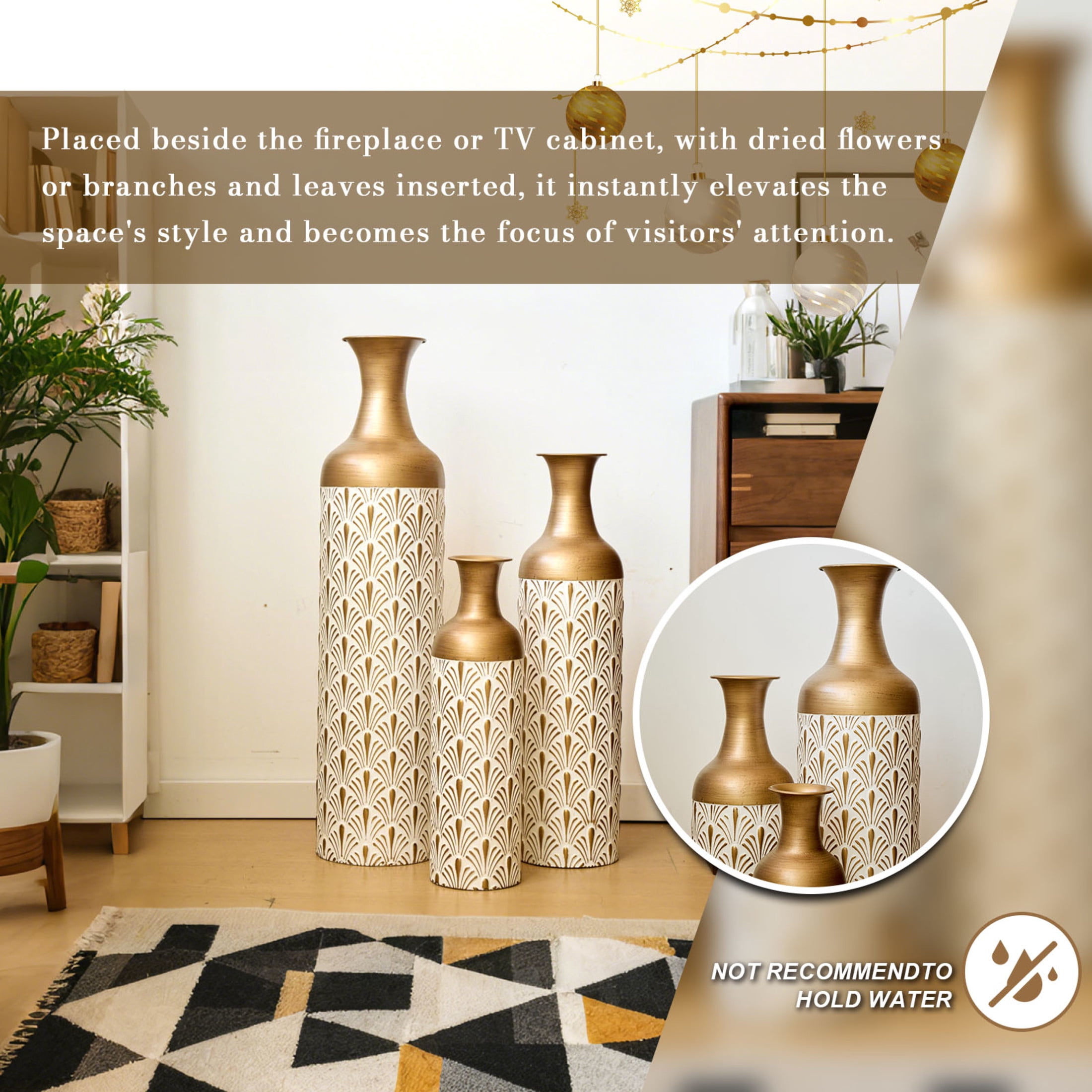 Noble House 3-Piece Metal Floor Vase Set, Decorative Vases with Fan Pattern, Antique Brass + White