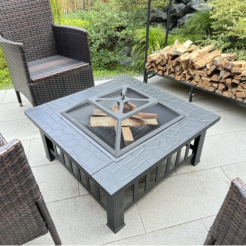 Geemuslly Outdoor Fire Pit, 32 Inch Firepit Table Metal Outdoor Fireplaces for Outside Patio Camping
