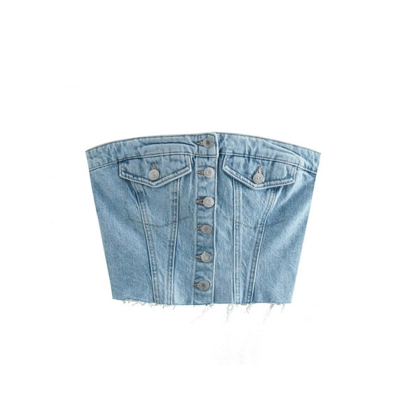 Woshilaocai Women Sexy Denim Push Up Bustier Tank Top Strapless Off Shoulder Button Up Tube Crop Corset Vest Tops