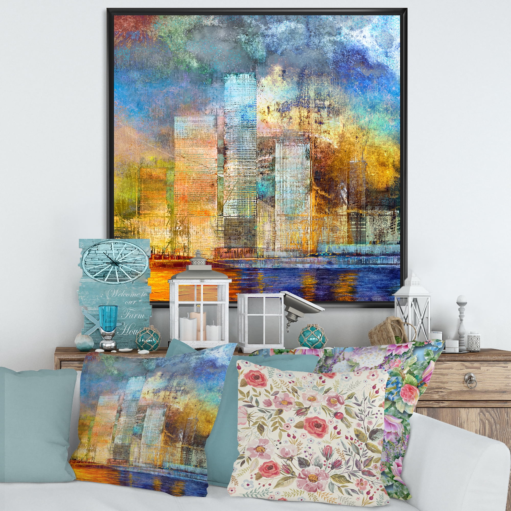 Designart 'Skypscrapers In Futuristic City' Modern Framed Canvas Wall Art Print