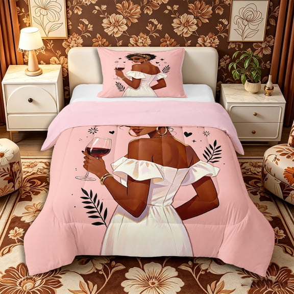 Castle Fairy Chic Lady In Off-Shoulder Dress Holding Wine Twin Comforter Sets 2pcs,Leopard Print Bedding Set,Peach Black Tan,Pink Reversible,1 Comforter and 1 Pillowcase