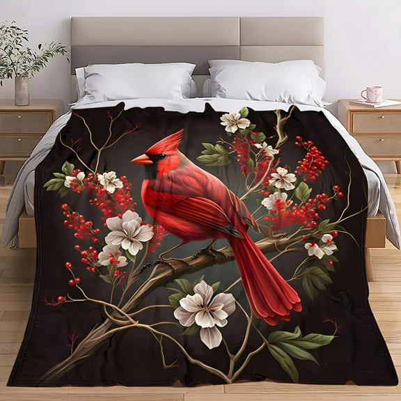 Traditional Style Red Cardinal & Floral Print Flannel Blanket - Soft Anti-Tear All-Season Bedspread, Quilted Machine Washable Home Decor for Couch, Sofa, Living Room