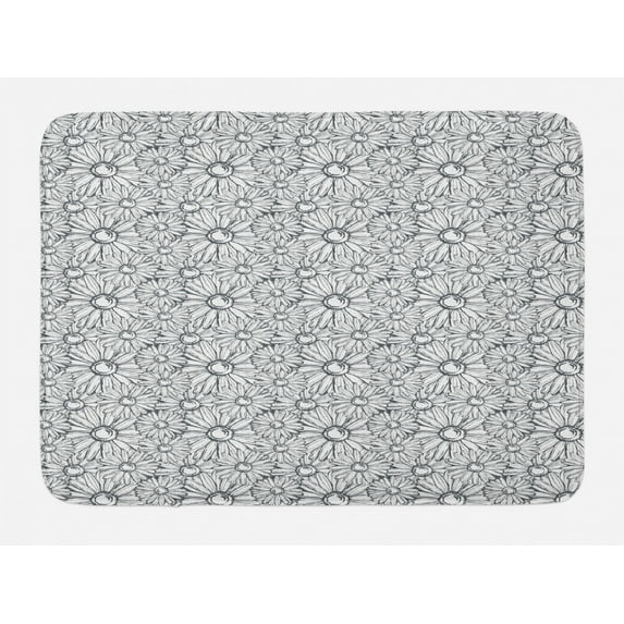 Floral Bath Mat, Repetitive Outline Grunge Style Sketch Drawn Pattern of Chamomiles, Plush Bathroom Decor Mat with Non Slip Backing, 29.5" X 17.5", Dark Blue Grey White, by Ambesonne