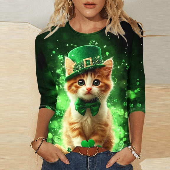 St. Patrick's Day Sweatshirt for Women Cute Cat Wearing Green Bowtie and Hat Graphic Crewneck Long Sleeve Loose Fit Soft Festive Holiday Party Top