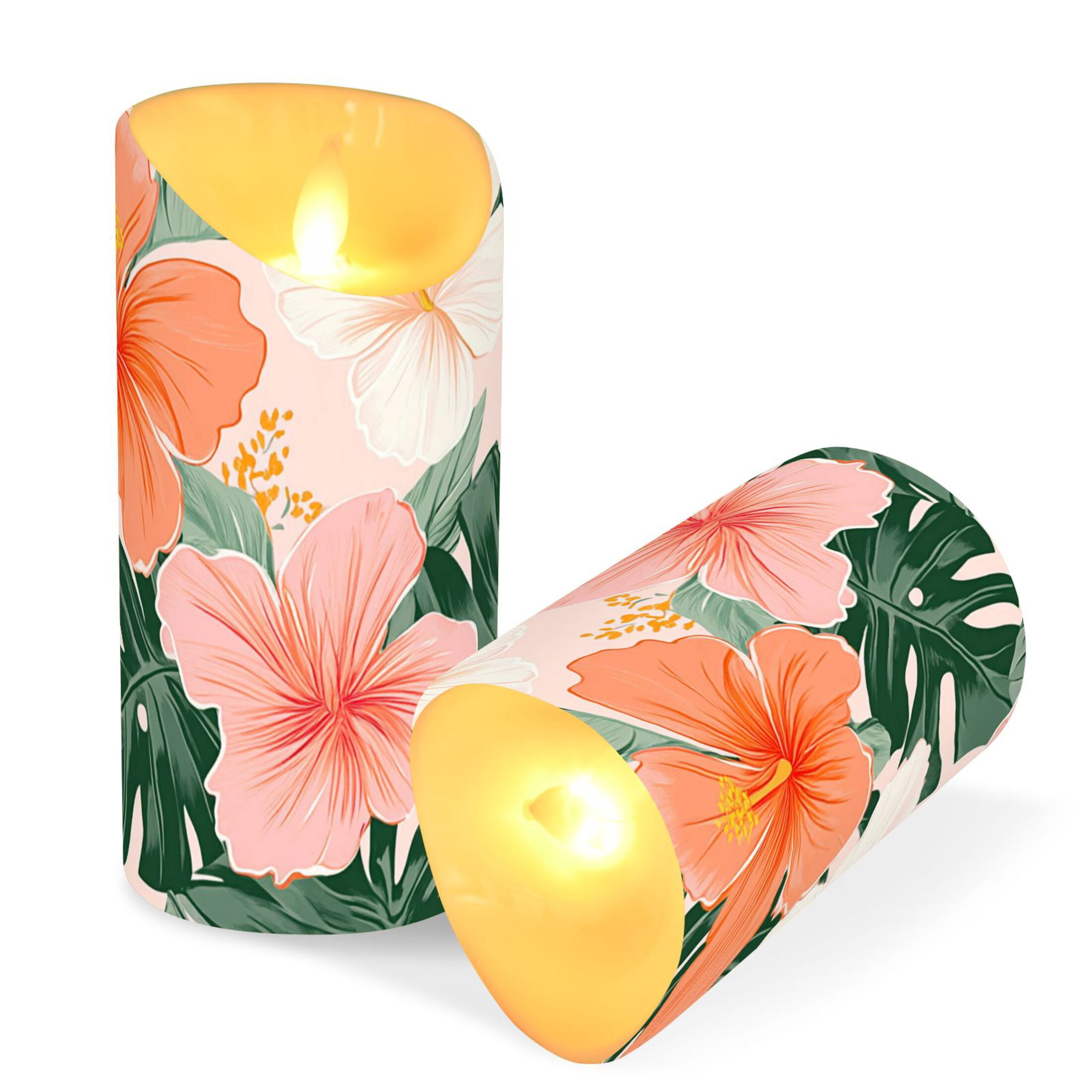 Colorful Hibiscus Florals Palm Leaves Hawaii Flickering Flameless Candles with Remote Timer Battery Operated LED Tealight Set of 2 M
