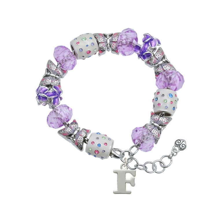 Delight Jewelry Silvertone Large Initial F Purple Butterfly Bead Charm Bracelet 7