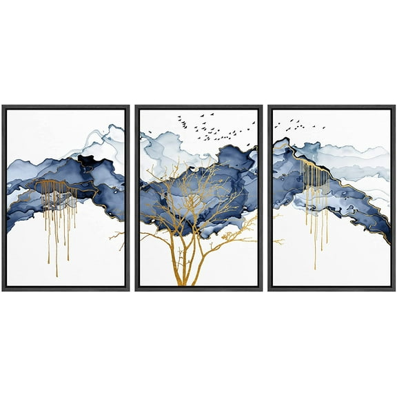 wall26 Framed Canvas Print Wall Art Set Blue Pastel Paint Stroke Cloud Birds Gold Tree Nature Abstract Illustrations Modern Art Rustic Landscape for Living Room, Bedroom, Office - 24"x36"x3