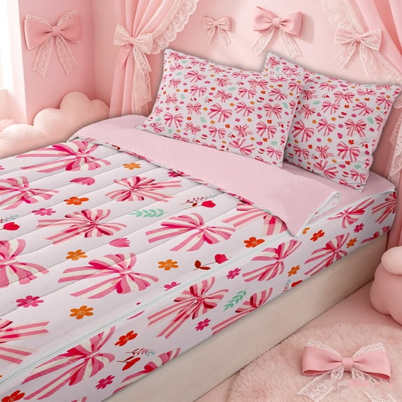 Erosebridal Kawaii Striped Bow Zipper Twin Comforter Sets with Fitted Sheet and 2 Pillowcases for Adults, Red Floral Ribbon Zipper Bedding Set, Pink Reversible, 4-Piece