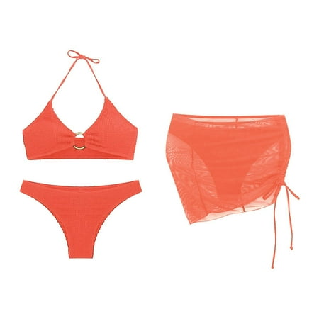 Women s 3 Piece Bathing Suits Halter Ring Bikini Set With Cover Up Skirt Woman Swim Shorts Women Bathing Suits plus Size Boys Swim Shorts 16-18 Swimsuits for Women Women Board Swim Shorts