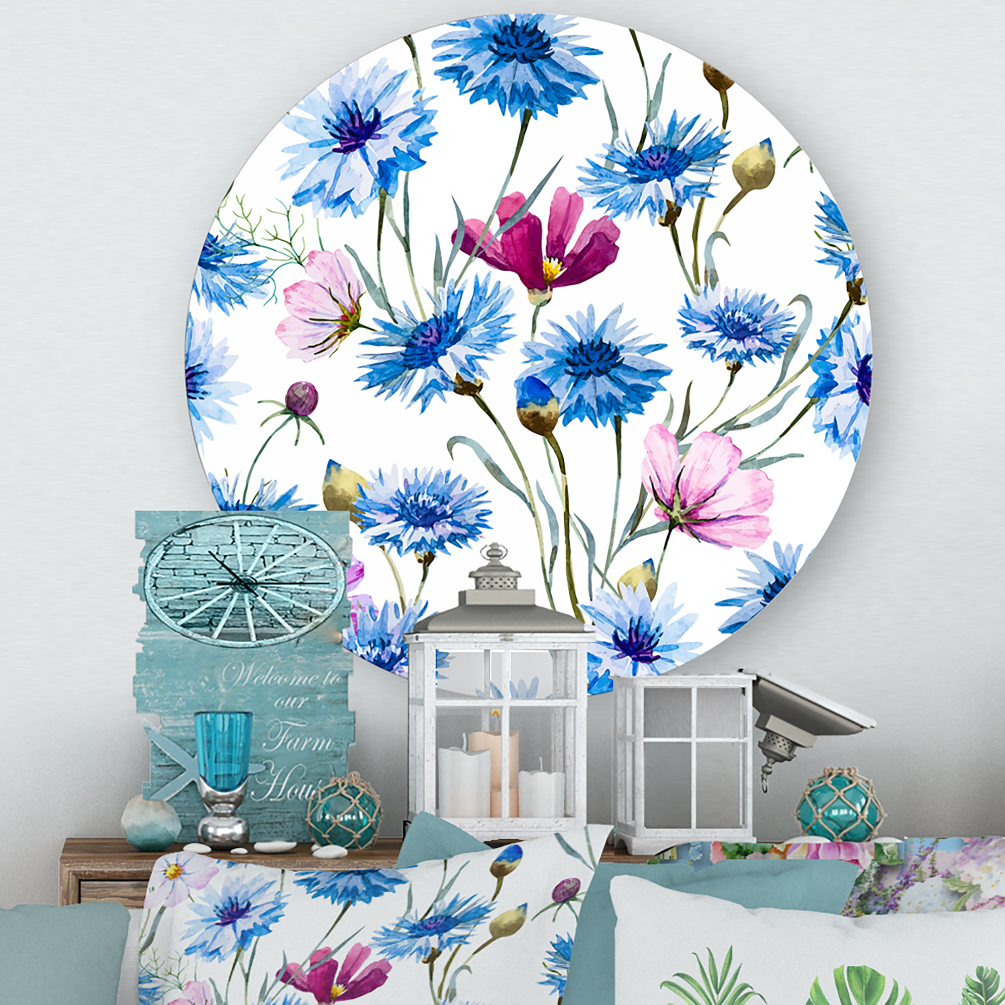Designart 'Pink and Blue Wild Cornflowers' Traditional Circle Metal Wall Art 11x11 - Disc of 11