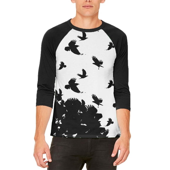 Crow Raven Flying Winter Autumn Mens Raglan T Shirt White-Black MD