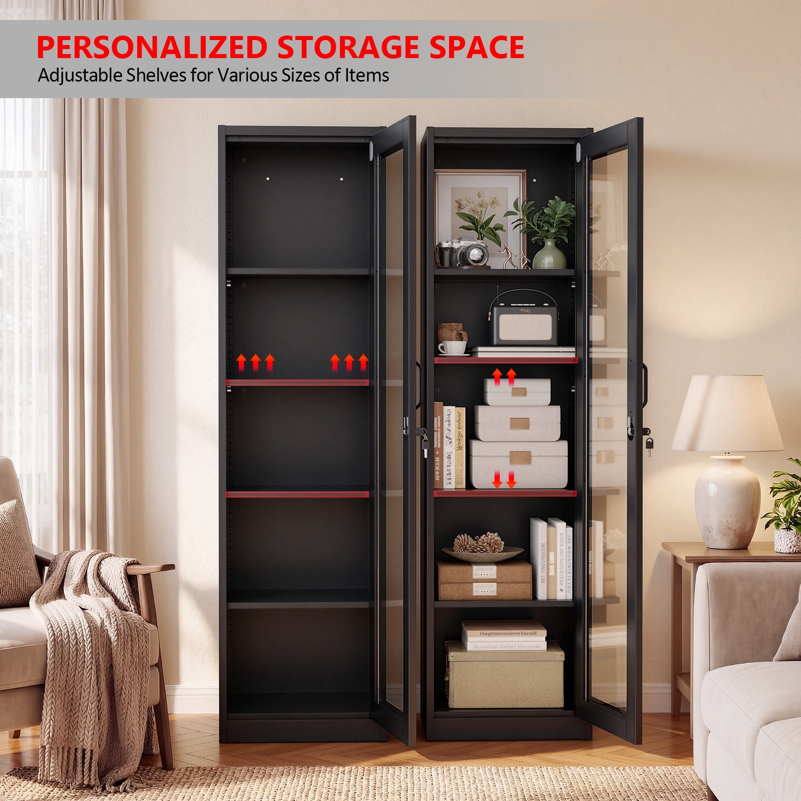 Ktaxon 65" Glass Door Steel Display Cabinet with Lock, Adjustable Shelves, Tall Narrow Storage Cupboard, LED-Ready, Black