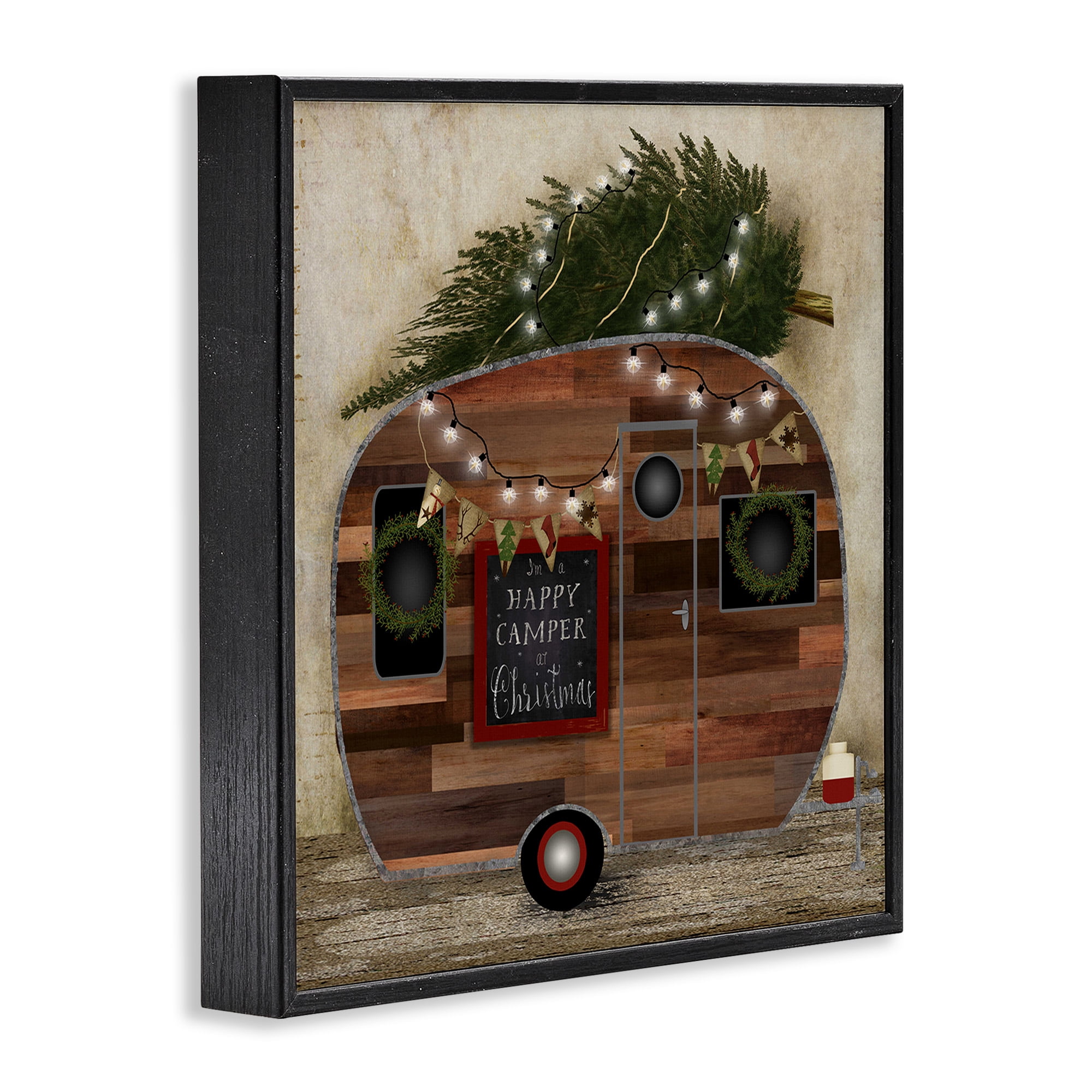 Stupell Industries Happy Camper At Christmas Holiday Painting Black Framed Art Print Wall Art, 24 x 24