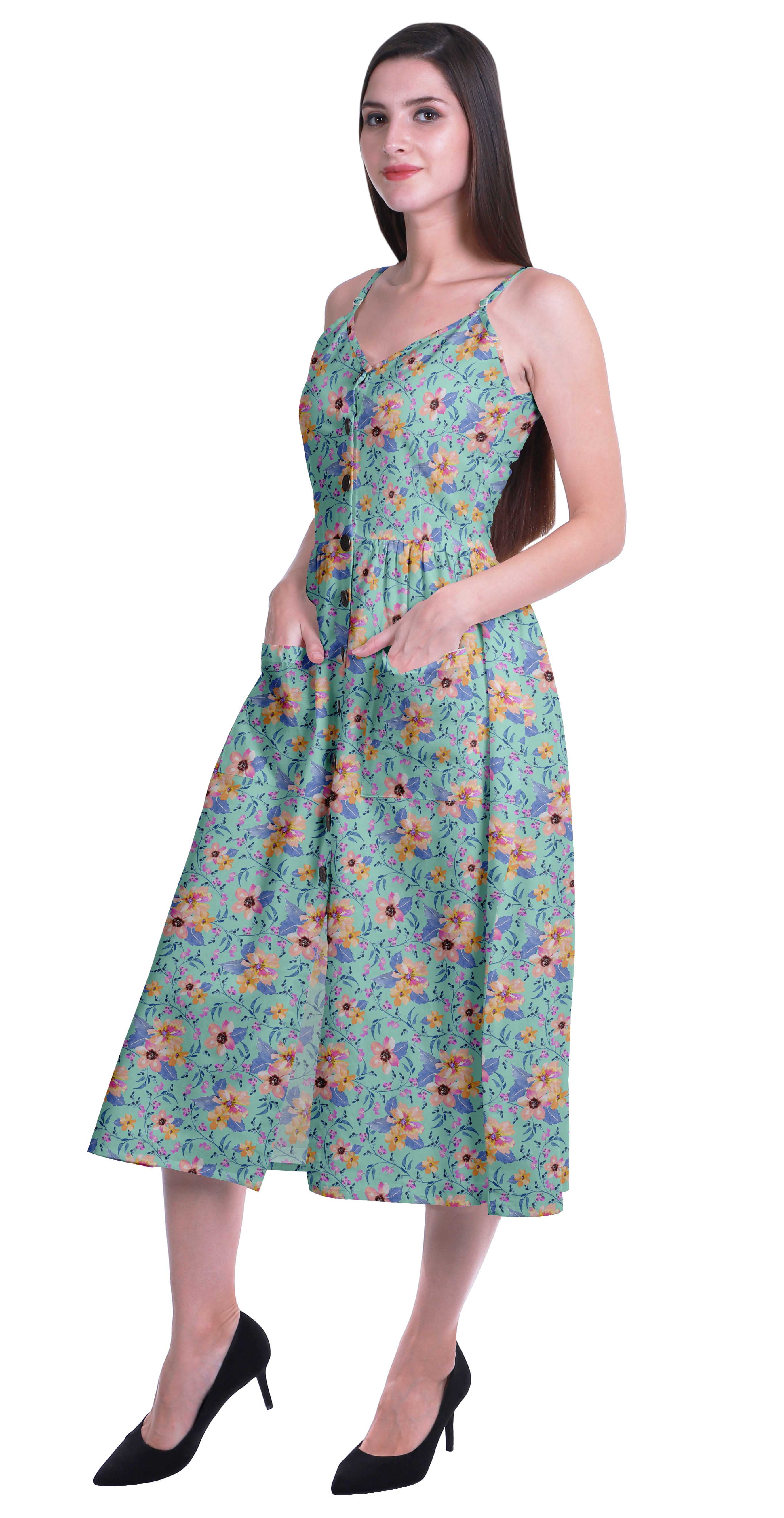 Moomaya Printed Cotton Maxi Dress - Spaghetti Strap Flared Summer Dress With Pockets - View #8