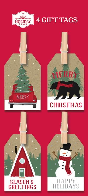 Christmas Multi-Color Holiday Time 4 Count Clothespin Paper Gift Tags