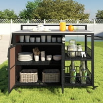 64" Outdoor Kitchen Cabinets, Side Kitchen Storage Island with Foldable Side Tabletop and Rack, Wicker Outdoor Grill Cart with 2 Doors for BBQ, Patio, Backyard, Dark Brown