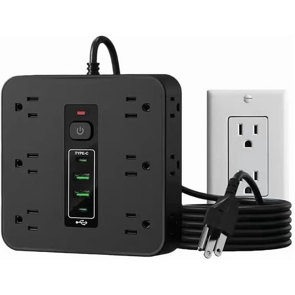 16-in-1 Surge Protector Power Strip with 12 AC Outlets, 4 USB Ports (2 USB-C & 2 USB-A) | 10A Overload Protection, Flat Plug Extension Cord for Home Office Gaming Travel (Black, 6FT)