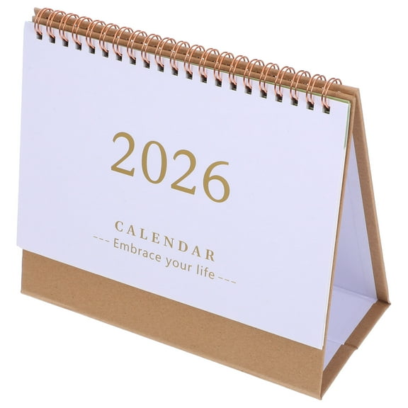 OUNONA Compact 2026 Stand Up Desk Calendar in Light Brown with Spiral Binding for Daily Use