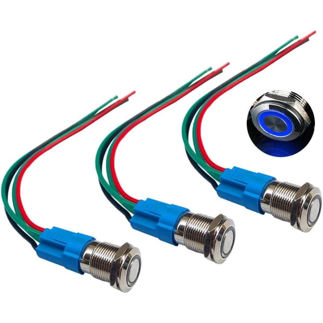3 uds Premium 12V/24V 3A interruptor de botón momentáneo, interruptor de botón de 12Mm, interruptor impermeable Led azul Ip66 con cable de toma de corriente