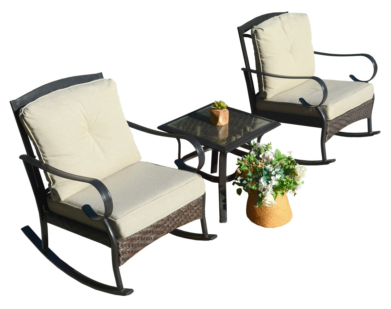 3Piece Patio Bistro Set, Outdoor Wicker Rocking Conversation Set with