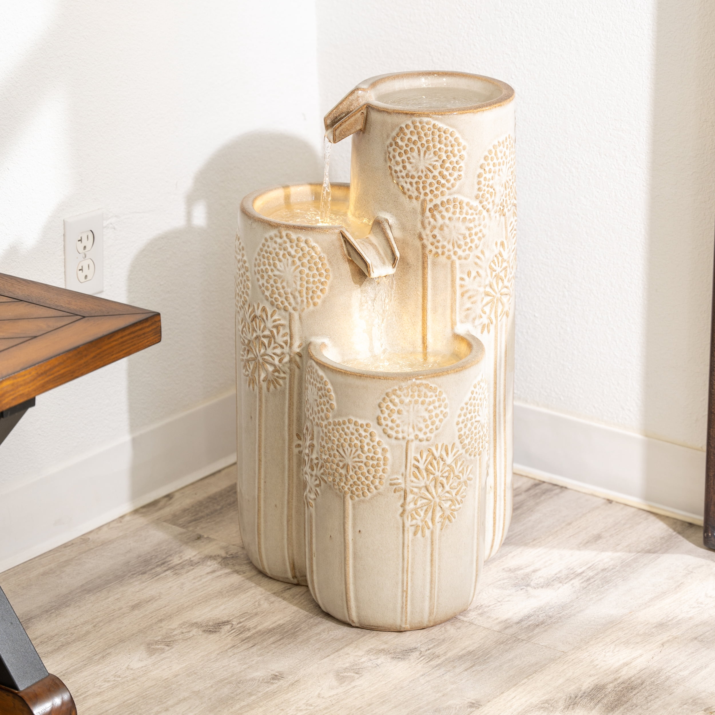 XBrand 25 in H Freestanding Cascadian Outdoor Garden Fountain w/Flower Details & Warm LED Lights, Ceramic, Beige