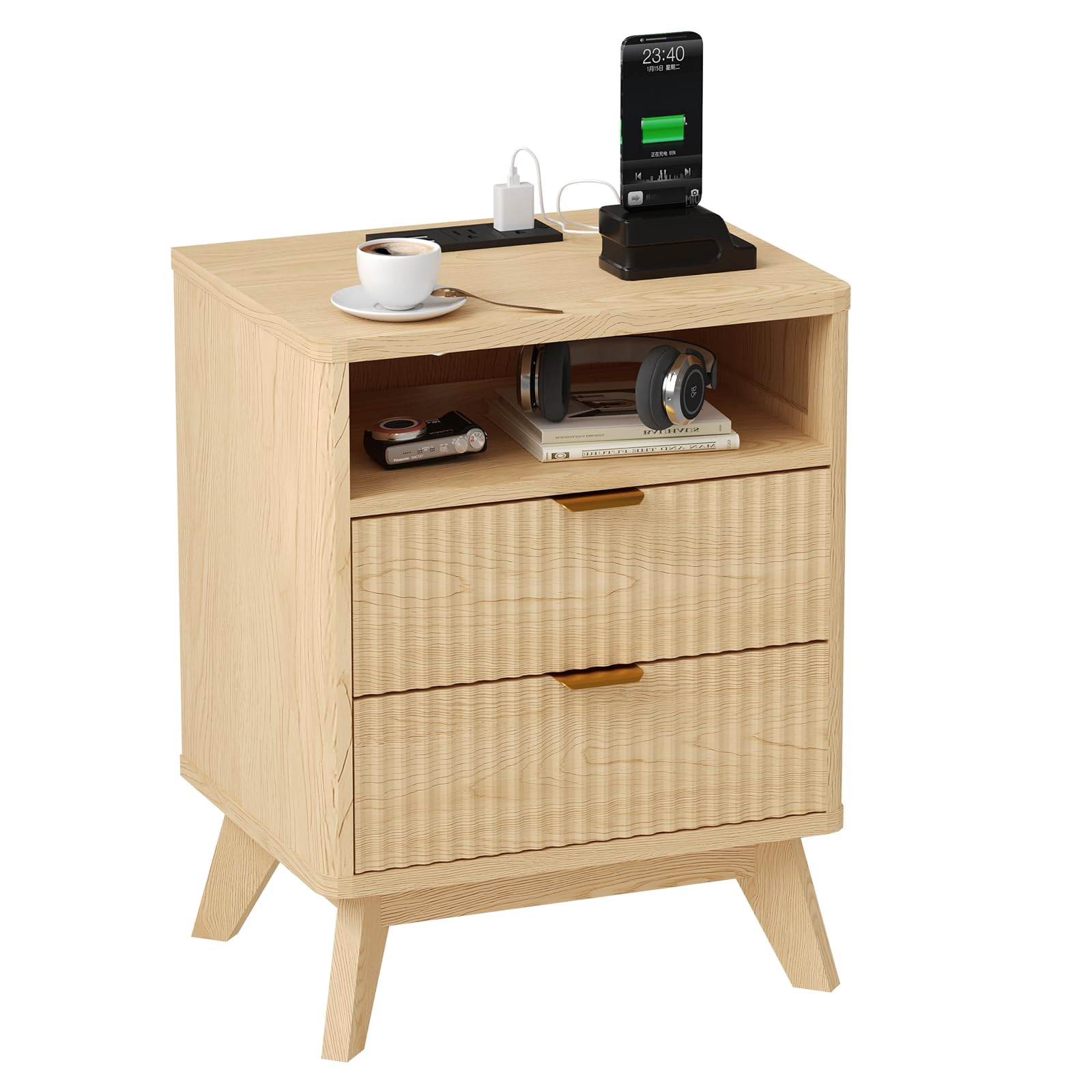KOKEBREN Modern Nightstand with USB Charging Station - Wood Fluted Bedside Table with 2 Drawers & Open Shelf,Oak
